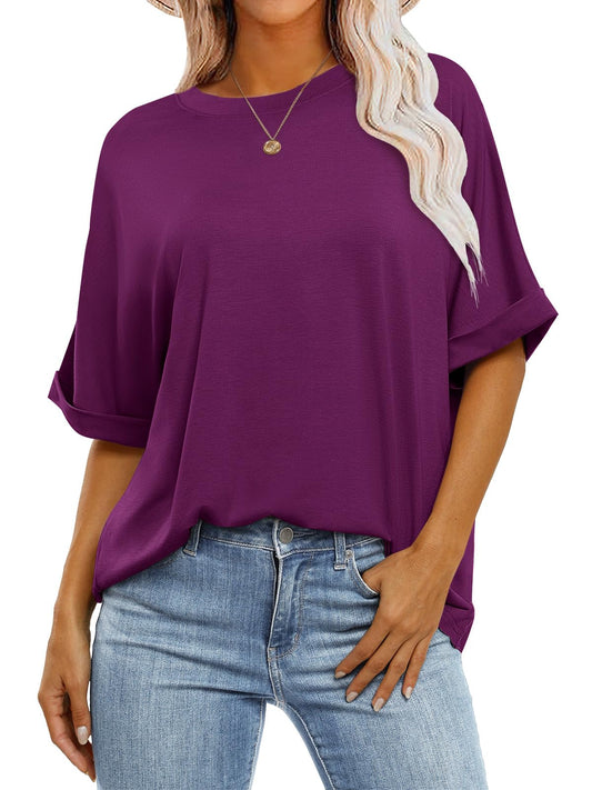 ANRABESS Women's Oversized T Shirts Short Sleeve Crewneck Summer Tops Casual Loose Basic Tee Shirts 2024 Trendy Clothes Purple Small