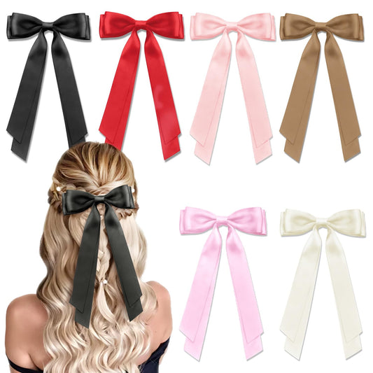 6PCS Silky Satin Hair Bows, Cute Vintage Bow Hair Clips Double Ribbon Tassel Ponytail Holder Accessories With Metal Barrette for Women (Multi-Colors)