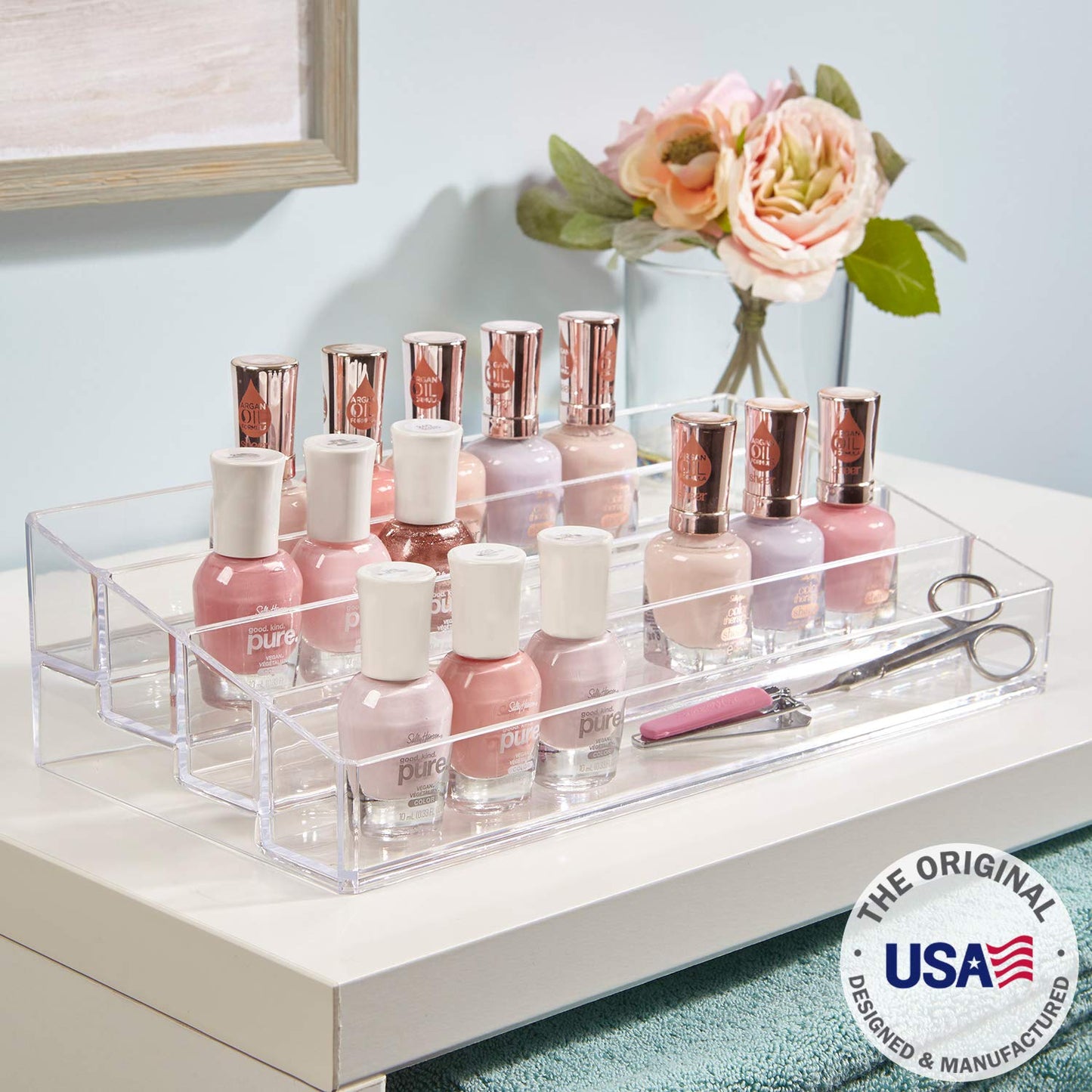 STORi Multi-Level Nail Polish Bottle Holder | Clear Plastic Organizer Rack for up to 40 Nail Polish Bottles, Rectangular 4 Tiered Vanity Display Stand for Makeup and Eyeshadow Palettes | Made in USA