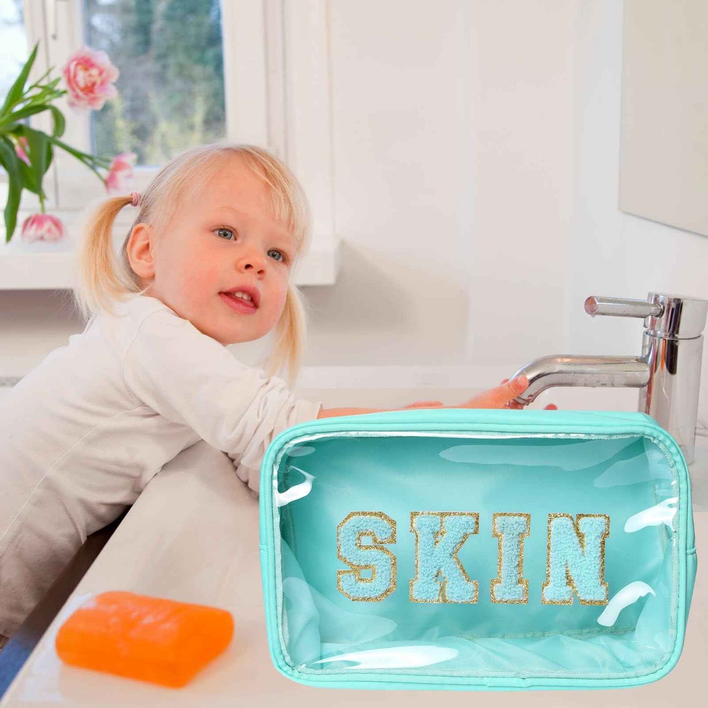 Pumwoy 4Pcs Storage Bag for Skin Face Hair Stuff with Chenille Letter,Transparent PVC,Waterproof Nylon,Cosmetic Bag Makeup Pouch with Zipper(Light Green, Purple, Pink, Khaki)