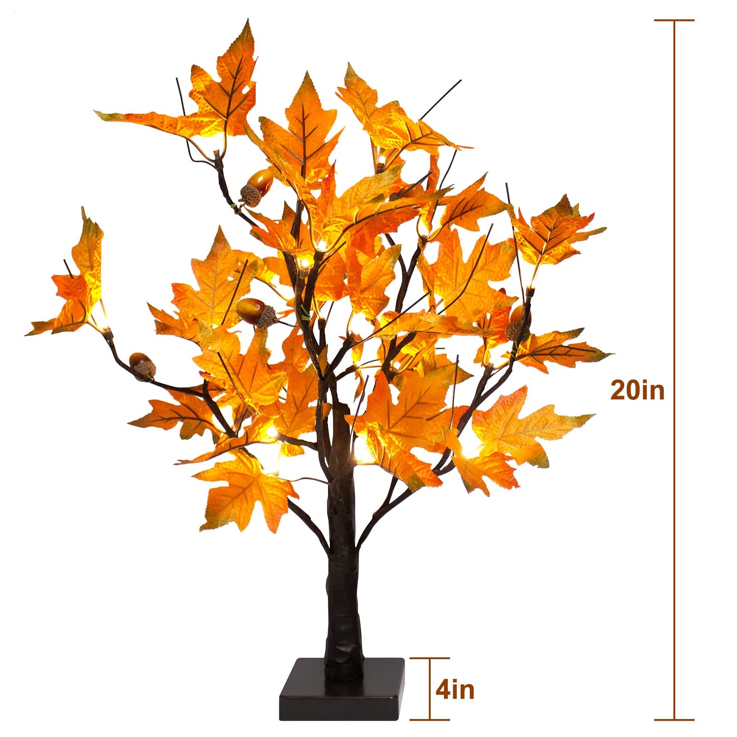 [2 Pack] 24-inch Fall Lighted Maple Tree with Acorns, 48 LED Lights, Battery Operated Thanksgiving Table Centerpieces Decoration Artificial Tree for Home Fireplace Autumn Harvest Tabletop Indoor Decor