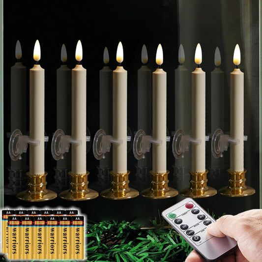 6PACK Flameless 8'' Window Candles with 12 AA Batteries(Run More Than 400 Hours)+6 Suction Cup+6 Golden Candleholders. Battery Powered Ivory Taper Candles with Remote and Timer.Remote Included