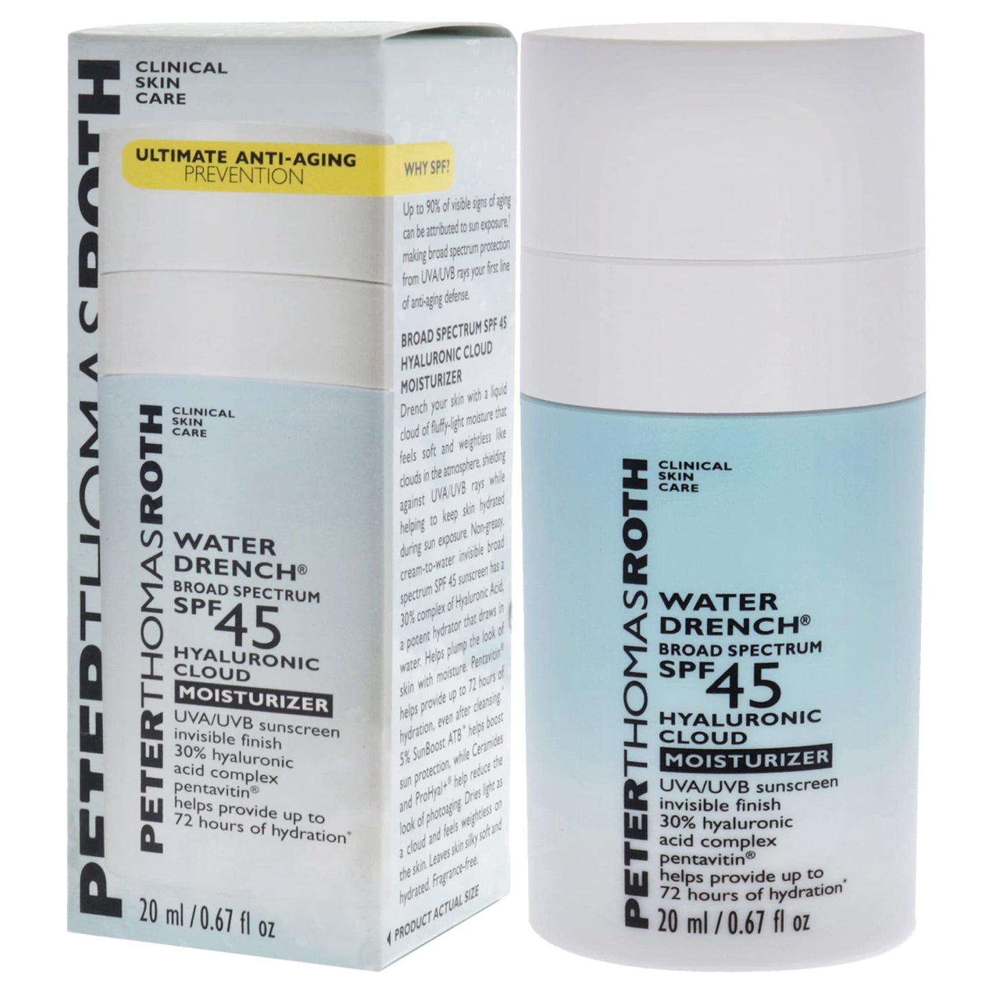 Peter Thomas Roth | Water Drench Broad Spectrum SPF 45 Hyaluronic Cloud Moisturizer | SPF Moisturizer for Face, Lightweight and Water-Resistant, 0.67 fluid ounces (Pack of 1)