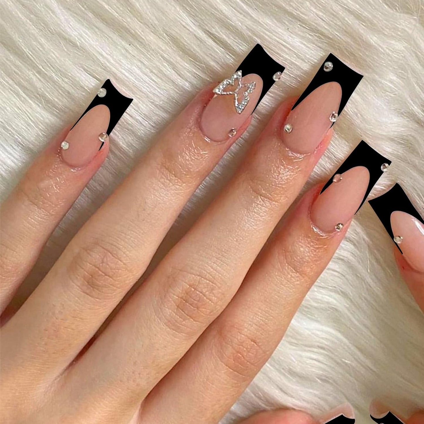 Black French Tip Press on Nails Long Square Fake Nails Full Cover Nude with Butterfly Charm False Nails with Butterfly Rhinestones Design Artificail Nails Acrylic Glue on Nails for Women