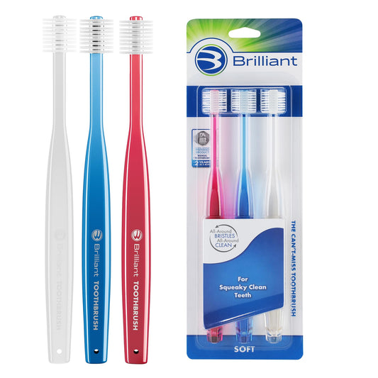 Brilliant Oral Care Adult Toothbrush with Soft Bristles, Round Head, and All-Around Clean for Teeth and Gums, Assorted Colors, 3 Pack