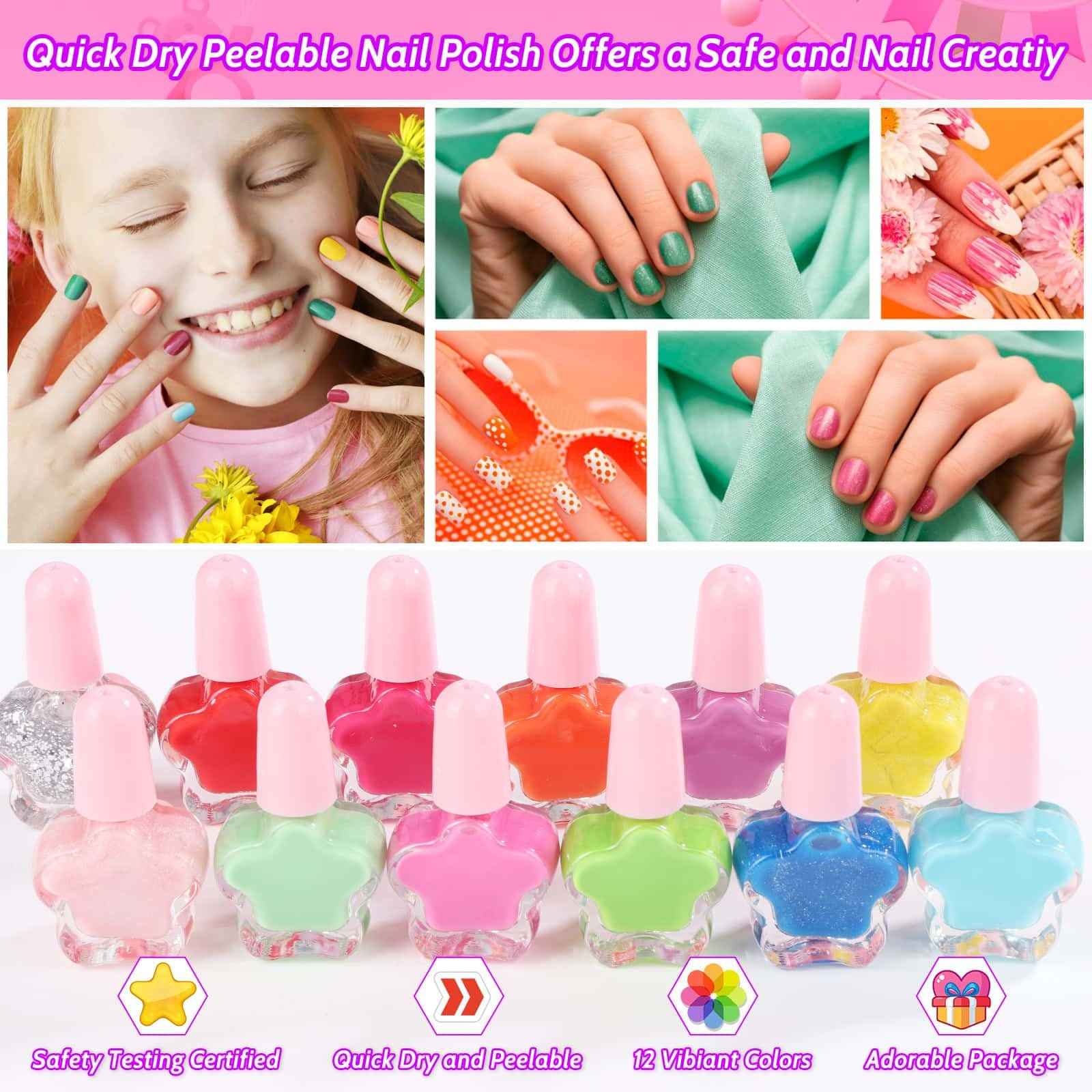 Kids Nails and Nail Polish for Girls, 144 Mini Press On for Kids, 12 Non-Toxic Nail Polish, Dryer, Gems Stickers, Cute Nail Stuff Gift for Girls Age 8-12