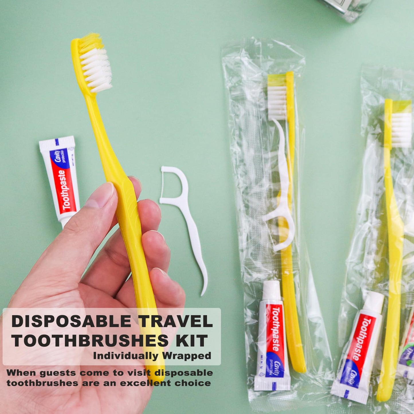 FAOEHN 100pcs Disposable Toothbrushes with Toothpaste and Floss,Yellow Bulk Single Use Toothbrush Floss Pick Individually Wrapped Disposable Travel Toothbrushes Kit for Homeless,Airbnb,Hotel,Guest