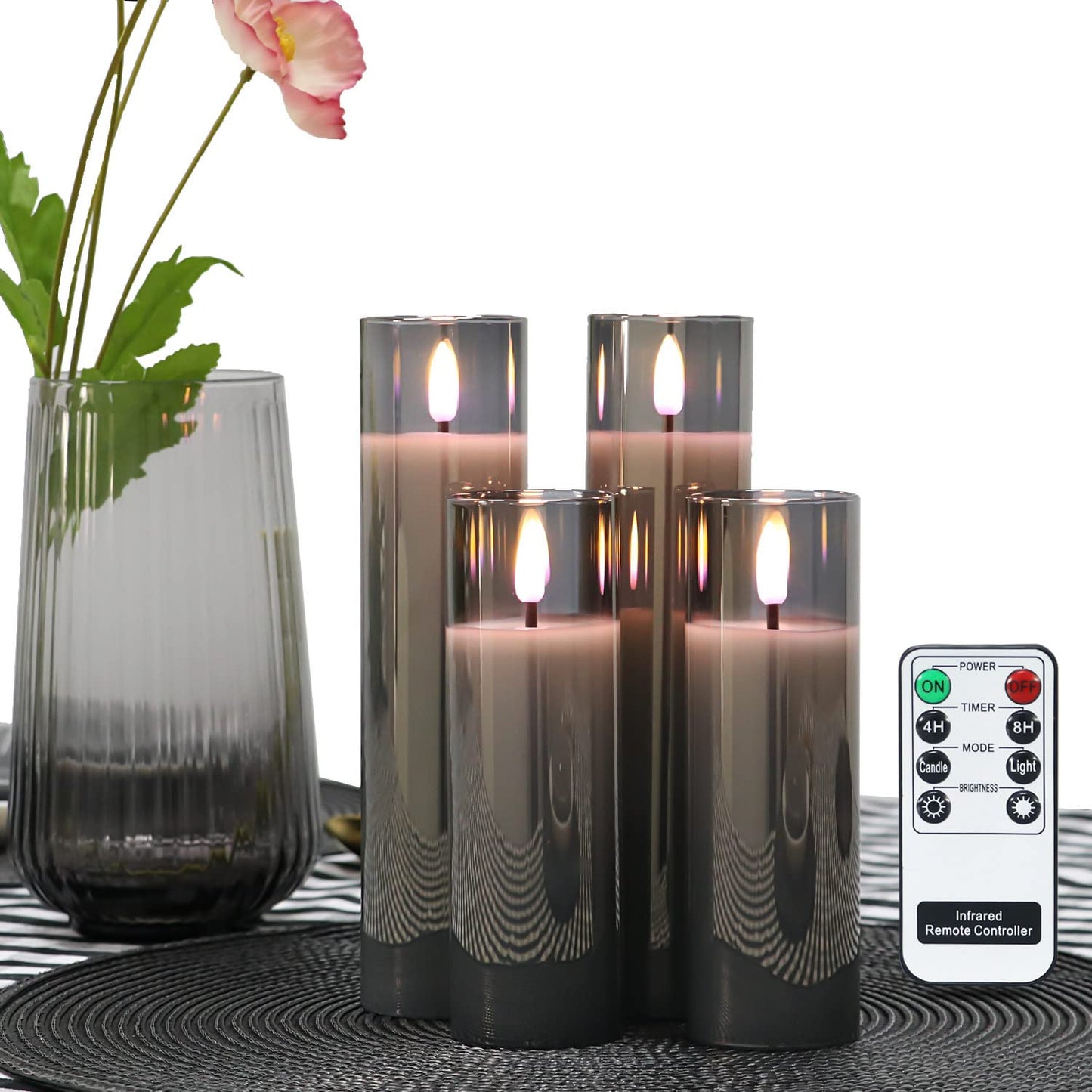 Rhytsing Glass Battery Operated LED Candles, Slim Flameless Candles with Remote, Warm White Light, 8 Batteries Included - D 2'' - Set of 4 (Gray)