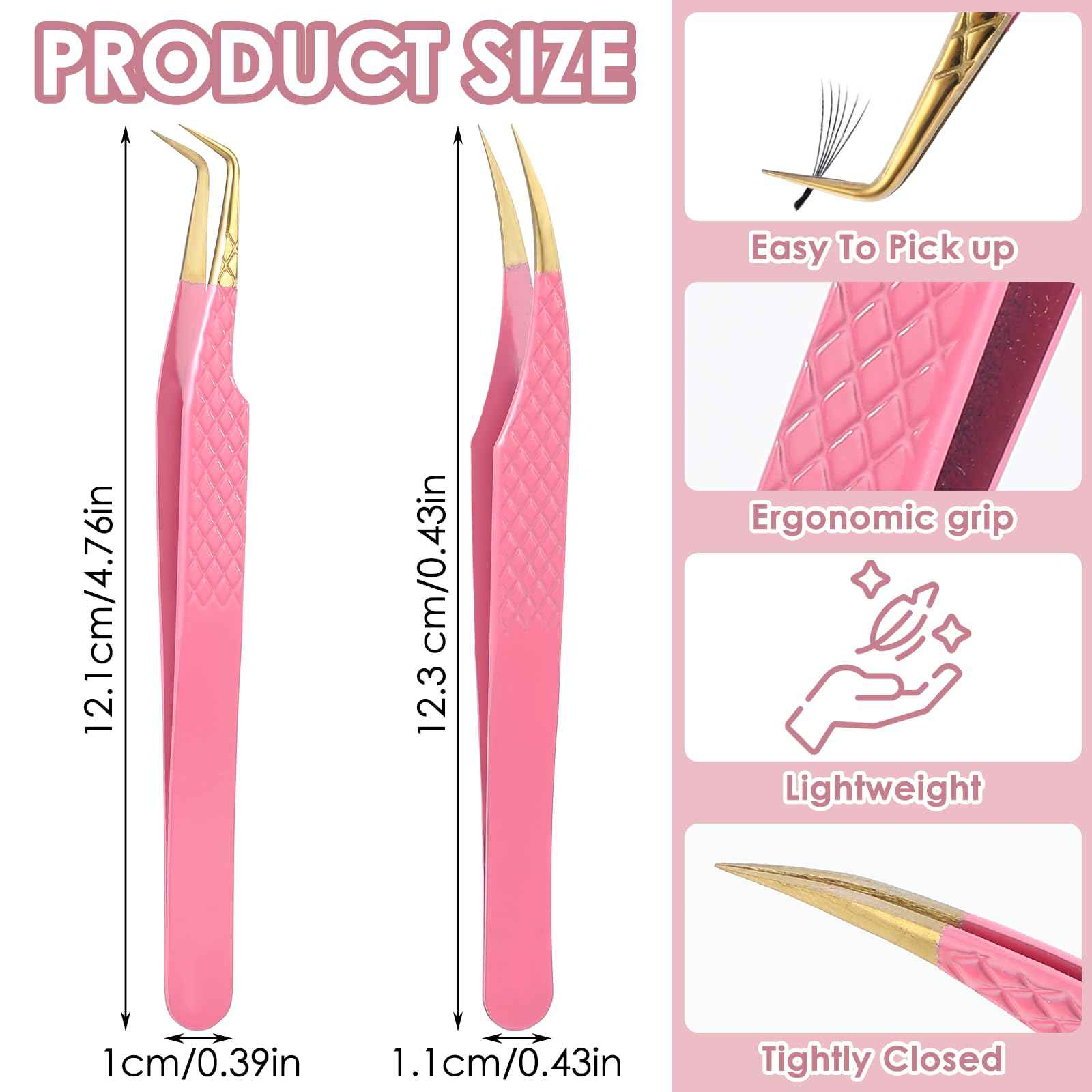 Tyqour 2Pcs Lash Tweezers for Eyelash Extensions 90 Degree Eyelash Extension Tweezers Fiber Tip Lash Tweezers False Eyelash Tweezers Lash Cluster Tweezers for Volume Lashes, Pink