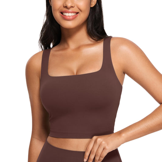 CRZ YOGA Butterluxe Womens Square Neck Longline Sports Bra - Workout Crop Tank Tops Padded with Built in Shelf Yoga Bra Taupe XX-Small