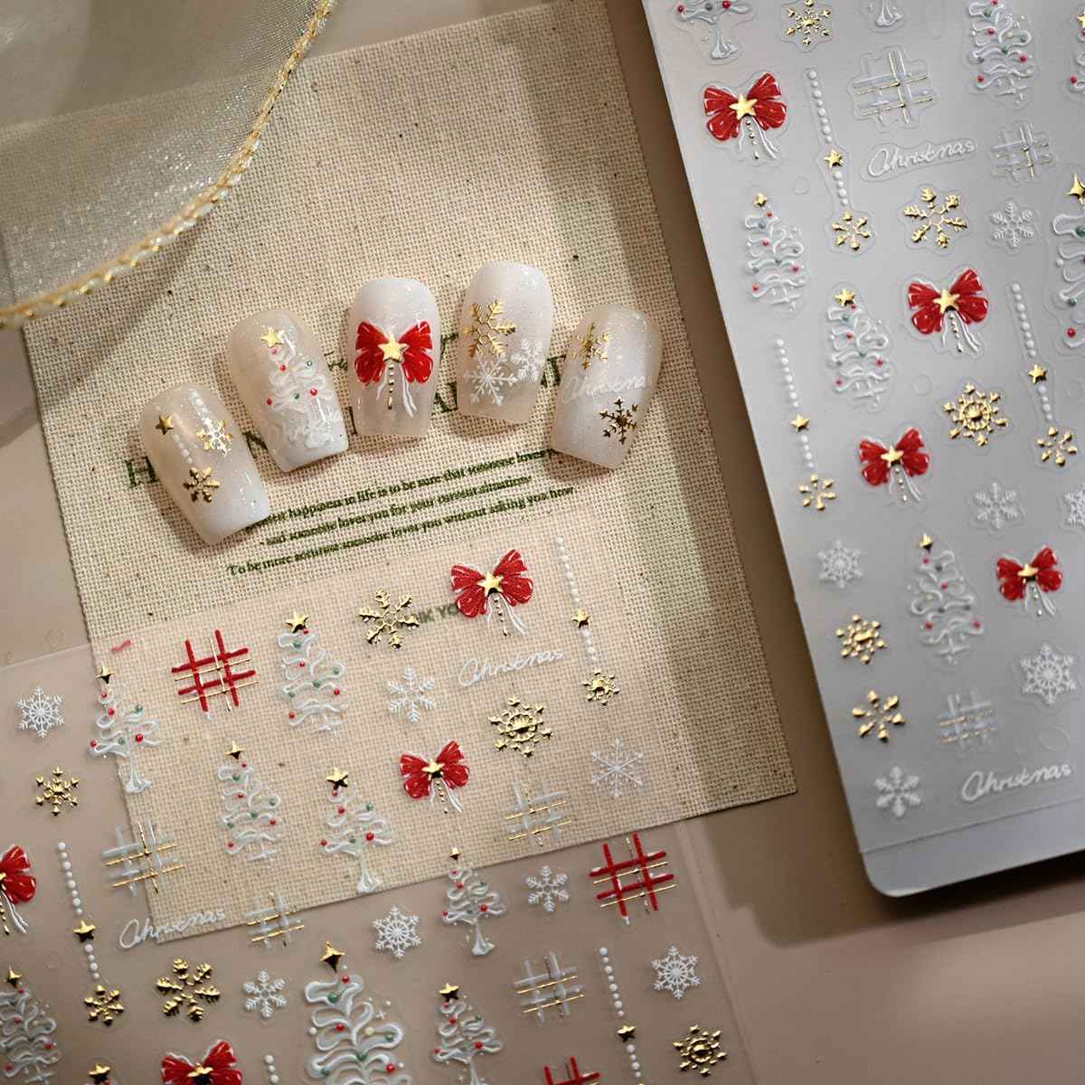 Christmas Nail Art Stickers 5D Embossed Christmas Nail Decals with Snowflake Xmas Tree Bow Design Self Adhesive Winter Nail Art Supplies for Women Girls Nail Art DIY 1 Sheet