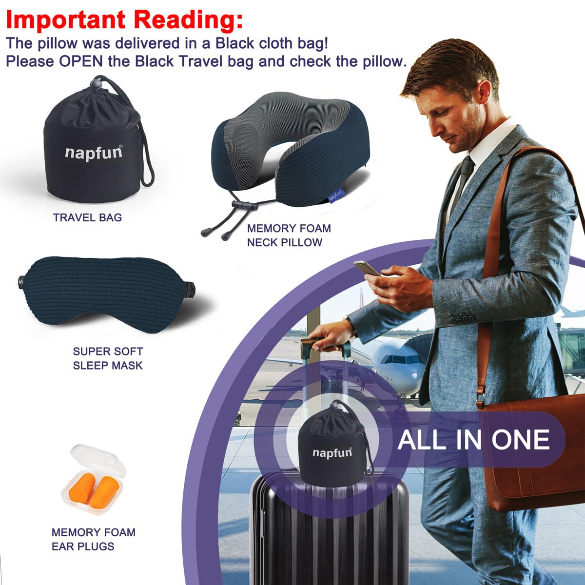 napfun Neck Pillow for Traveling, Upgraded Travel Neck Pillow for Airplane 100% Pure Memory Foam Travel Pillow for Flight Headrest Sleep, Portable Plane Accessories, Striped Black