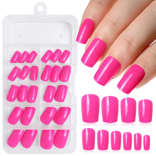 LuckForever 120pc Medium Press on Nails Square Fake Nail Tips, Hot Pink Square Press on Nails Medium False Nails Press ons Artificial Fingernail & Glue Adhesive Tabs Nail Kit for Women Girls Kids