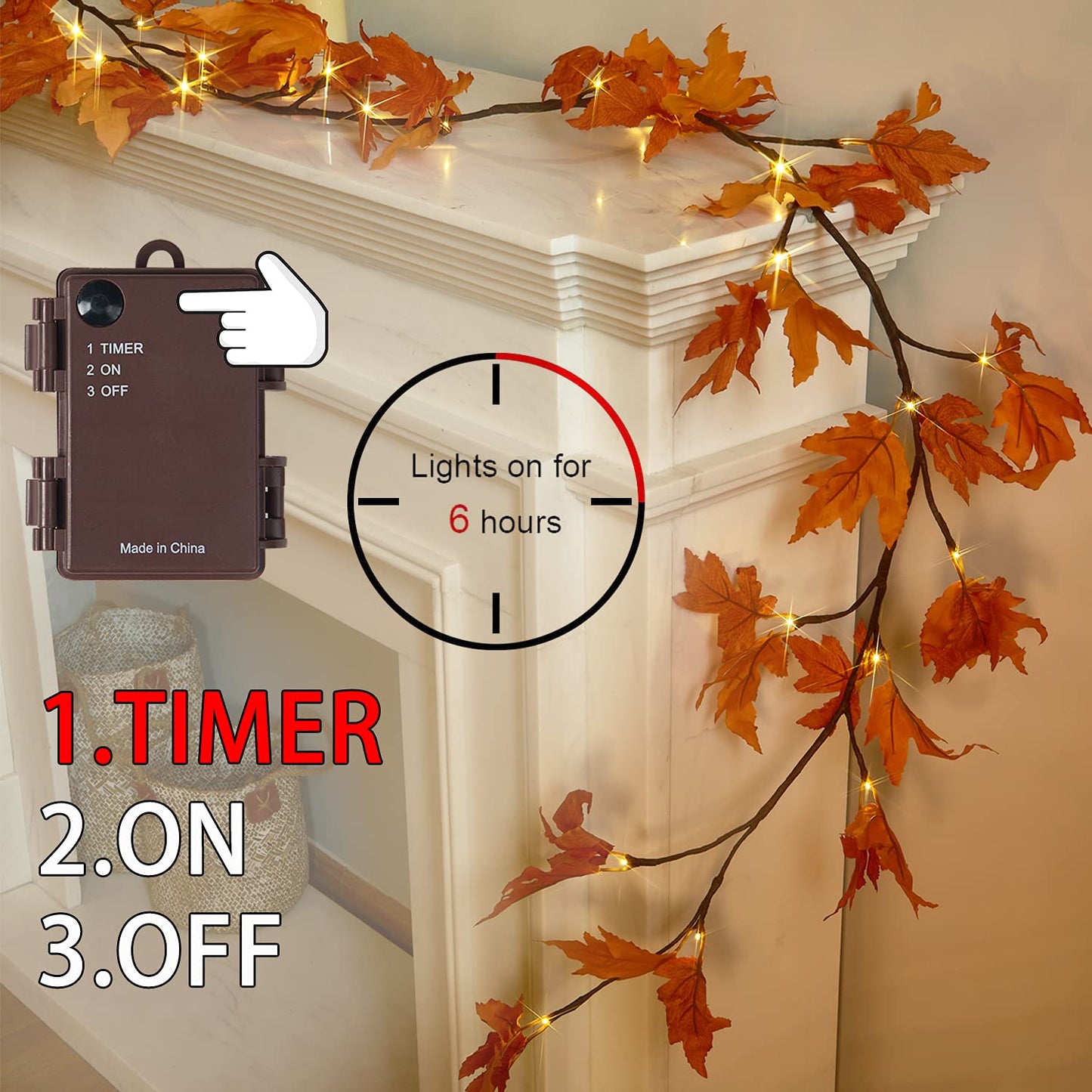 Fudios Lighted Maple Leaf Garland with Timer 24 Warm White LED 6FT for Fall Thanksgiving Decor, Artificial Garland with Lights Battery Operated Harvest Christmas Decoration Indoor Outdoor