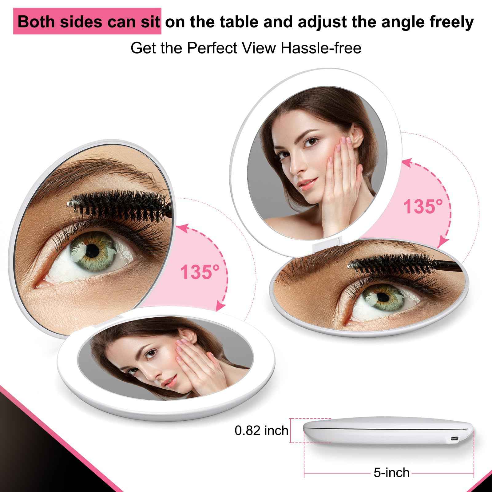 Rechargeable Compact Lighted Travel Makeup Mirror - 5-inch 1x/10x Magnifying Compact Mirror - Touch Screen, 3 Color Lighting & Brightness Stepless Dimmable, w/ Tweezers & Portable Bag, Ideal Gift