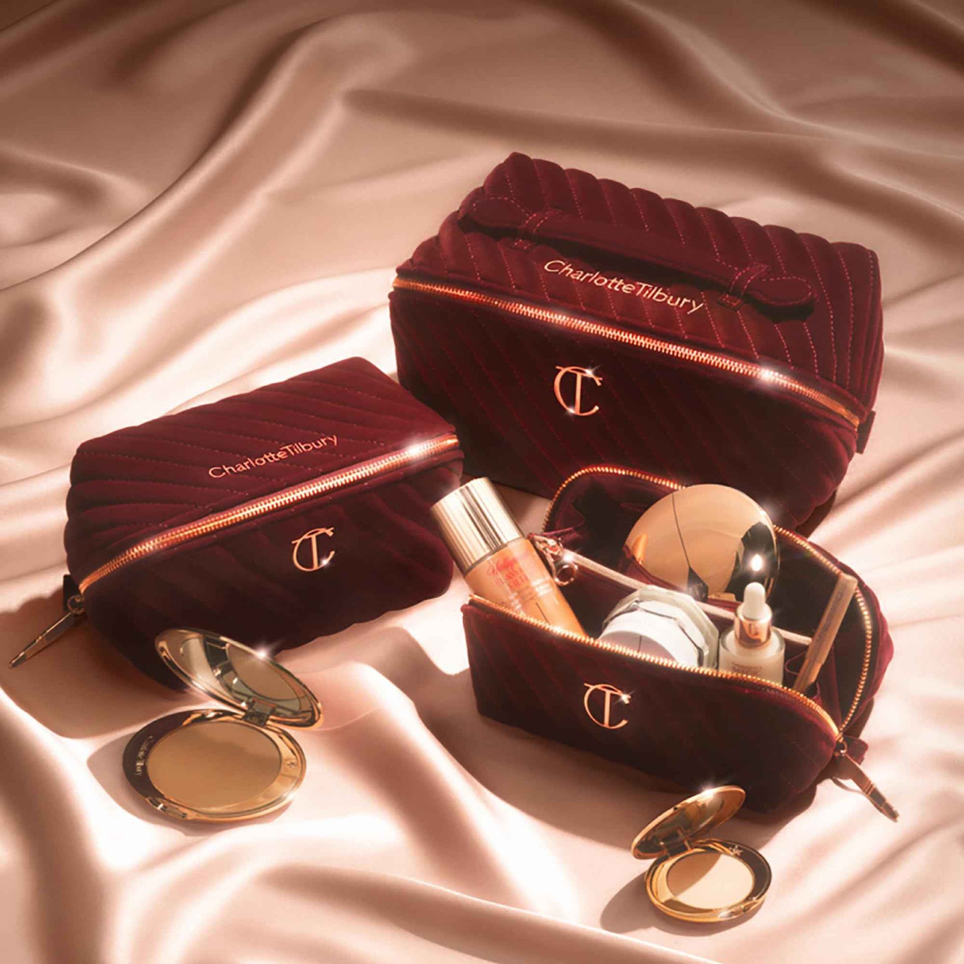 Charlotte Tilbury Medium Travel Makeup Bag of My Dreams - Quilted Velvet Skincare, Fragrance & Cosmetic Organizer with 3 Compartments & Zip Pocket - Iconic Night Crimson Toiletry Bag