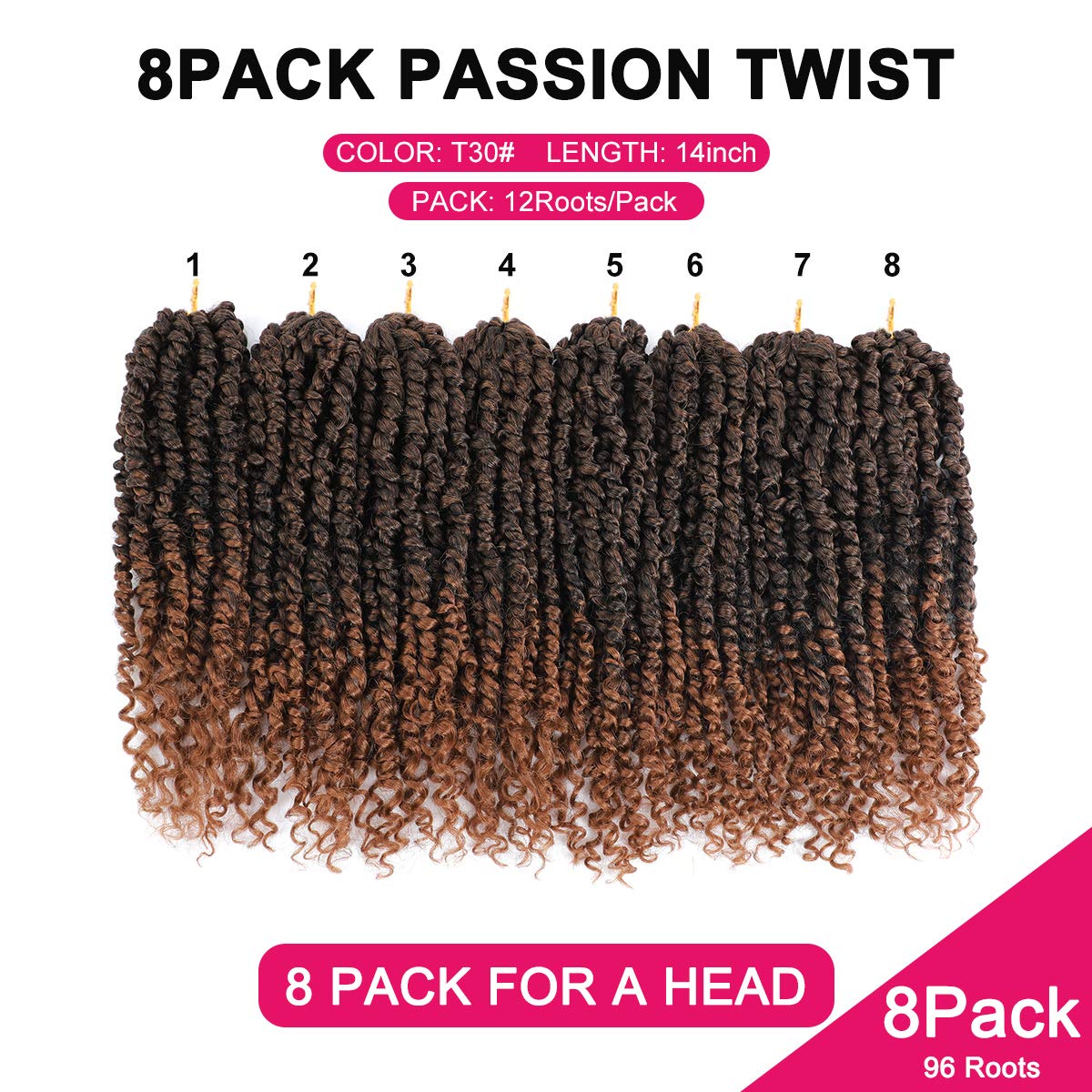 NAYOO Passion Twist Hair - 8 Packs 14 Inch Passion Twist Crochet Hair For Black Women, Crochet Pretwisted Curly Hair Passion Twists Synthetic Braiding Hair Extensions (14 Inch 8 Packs, T30)