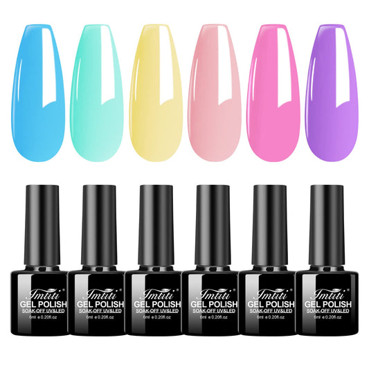 Imtiti Pastel Gel Nail Polish Set, 6 Color Pastel Blue Pink Purple Coral Orange Yellow Spring Summer Gel Polish Macaron Gel Nail Kit for Nail Art DIY Manicure and Pedicure at Home