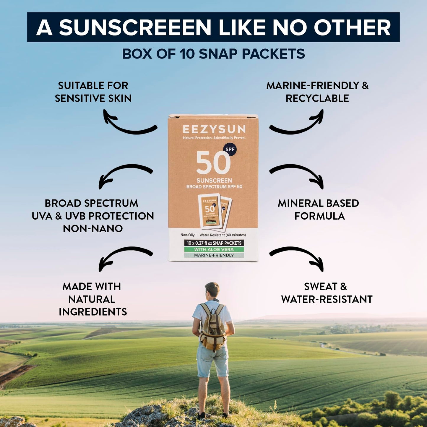 EEZYSUN Mineral SPF 50 Travel Size Sunscreen Snap Packets | Infused with Aloe Vera | Vegan & Reef-Safe | Broad Spectrum, Non-Oily & Natural with UVA/UVB Protection | 10 x 0.27 FL OZ