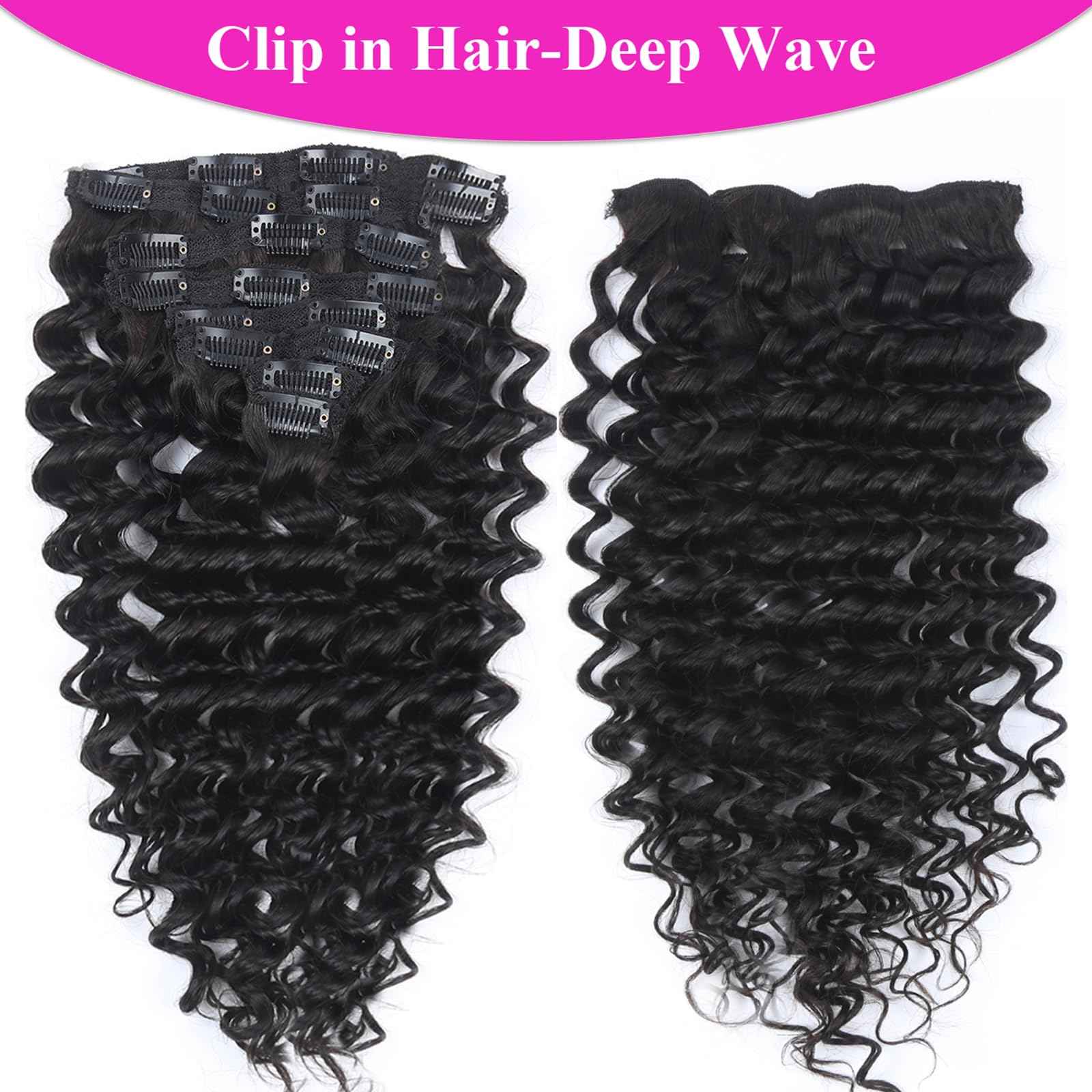 Curly Clip in Hair Extensions Real Human Hair 16inch 100g Invisible & Seamless 100% Brazilian Remy Human Extension Deep Wave Clip ins Extensions Double Weft 8 PCS with 20 Clips Natural Black
