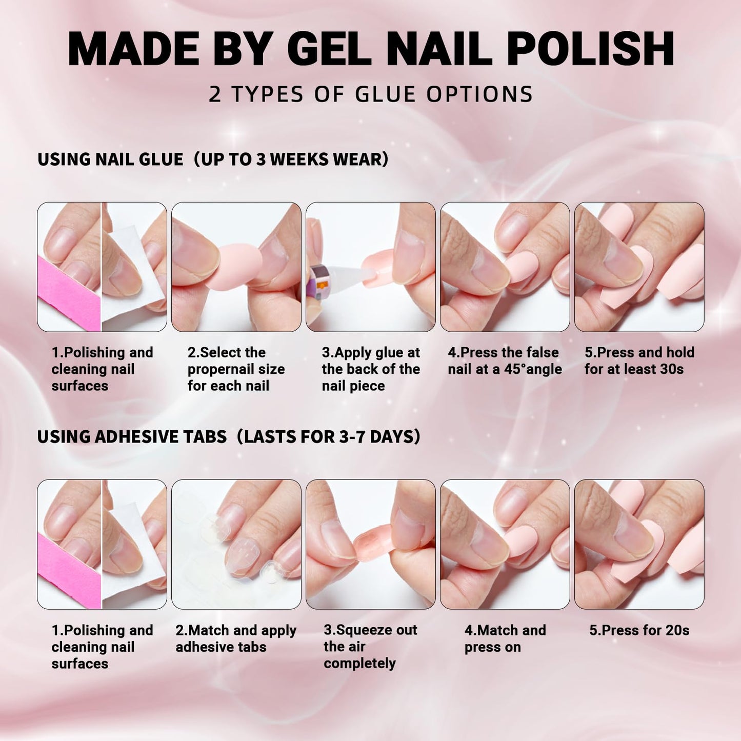 Press On Nails Almond, WOOYAS Medium Length Fake Nails Light Purple Grey Glue On Nails Full Cover False Nails with Nail Glue Adhesive Tabs, 24Pcs Reusable Nails Kit for Women