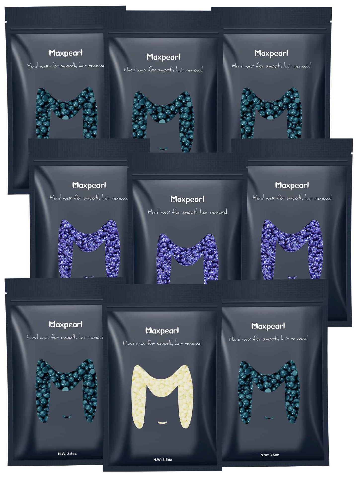 Maxpearl Hard Wax Beads Pack of 9 - Brazilian, Bikini Waxing, Face, Eyebrows, Underarms, Arms, Chest, Back, Legs, Jasmine, Coconut & Lavender Formula, 31.5oz