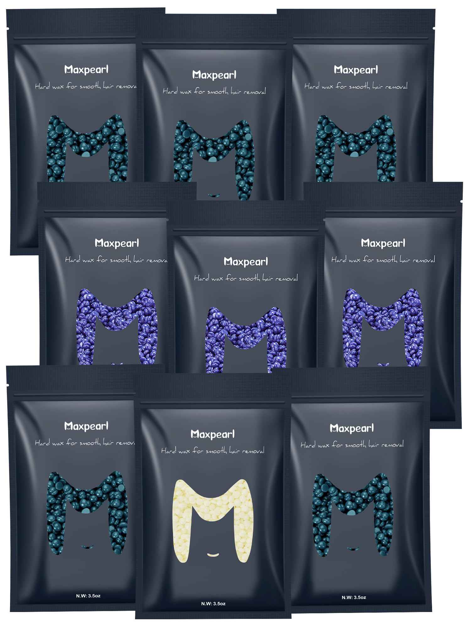 Maxpearl Hard Wax Beads Pack of 9 - Brazilian, Bikini Waxing, Face, Eyebrows, Underarms, Arms, Chest, Back, Legs, Jasmine, Coconut & Lavender Formula, 31.5oz