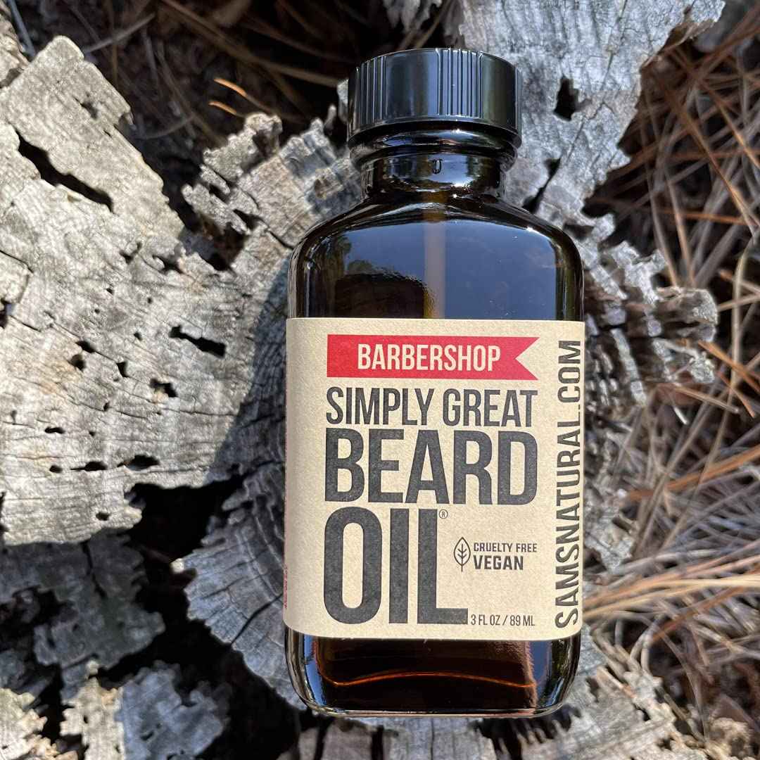 Simply Great Beard Oil - BARBERSHOP Scented - Holiday Gifts - Stocking Stuffers - Beard Conditioner - 3 Oz - Easy Applicator - Natural - Vegan and Cruelty Free Care for Beards - Gifts for Men