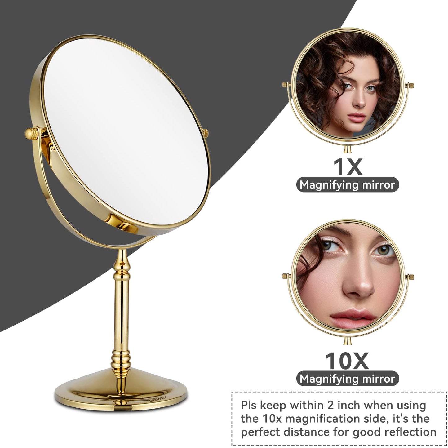 DOWRY Makeup Mirror 10x Magnification Vanity Mirror Tabletop Two-Sided Swivel Gold Finish(10X)