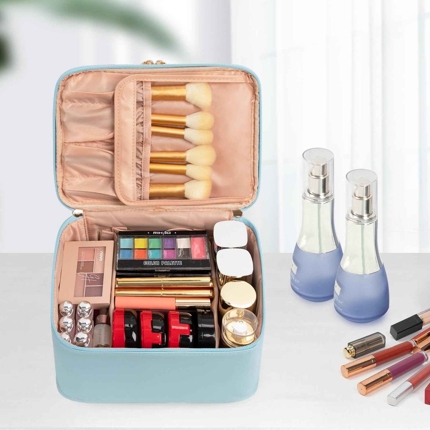 OCHEAL Large Makeup Bag, Double Layer Makeup Bag, Vertical Storage Cosmetic Case for Women/Girls with Multiple Compartments-Blue-xl