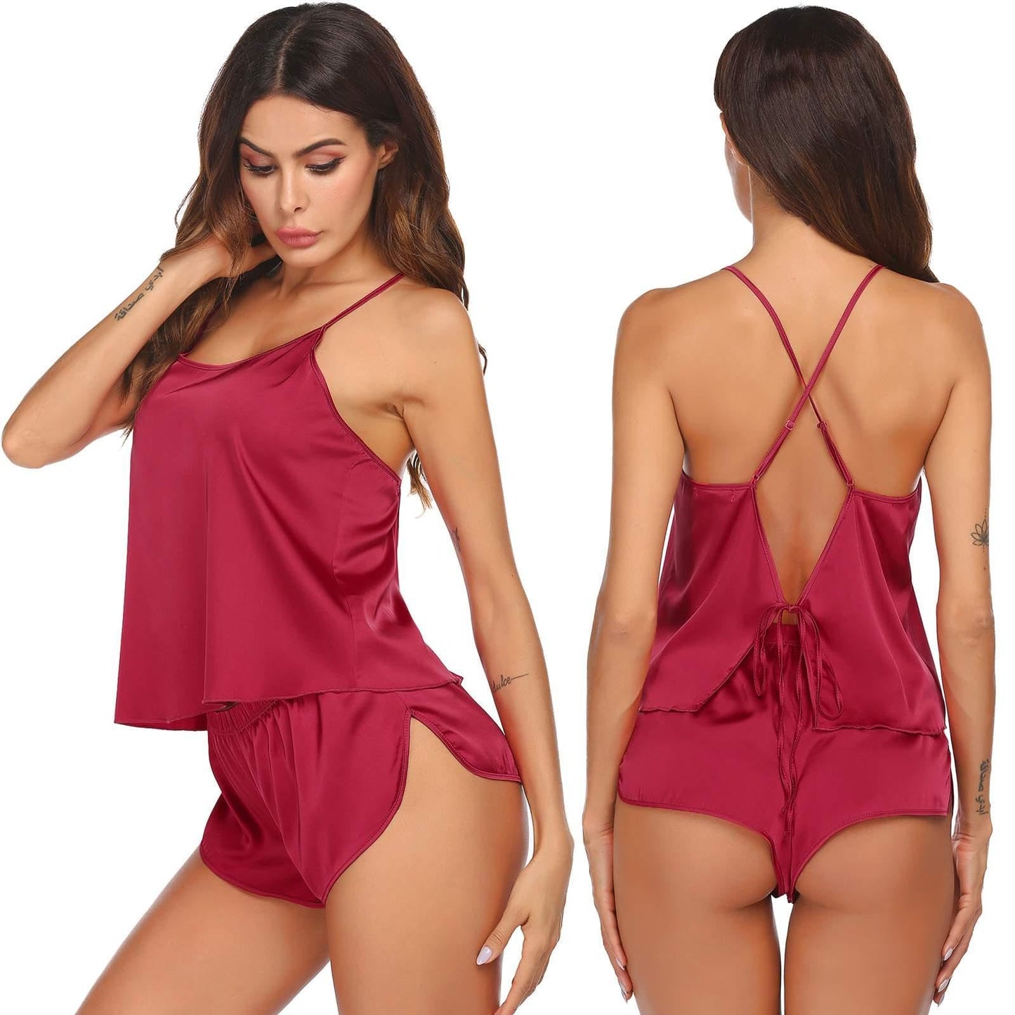 Ekouaer Silk Pajamas Set for Women Satin Backless Lingerie Pjs Cami Top and Shorts Nightwear Wine Red