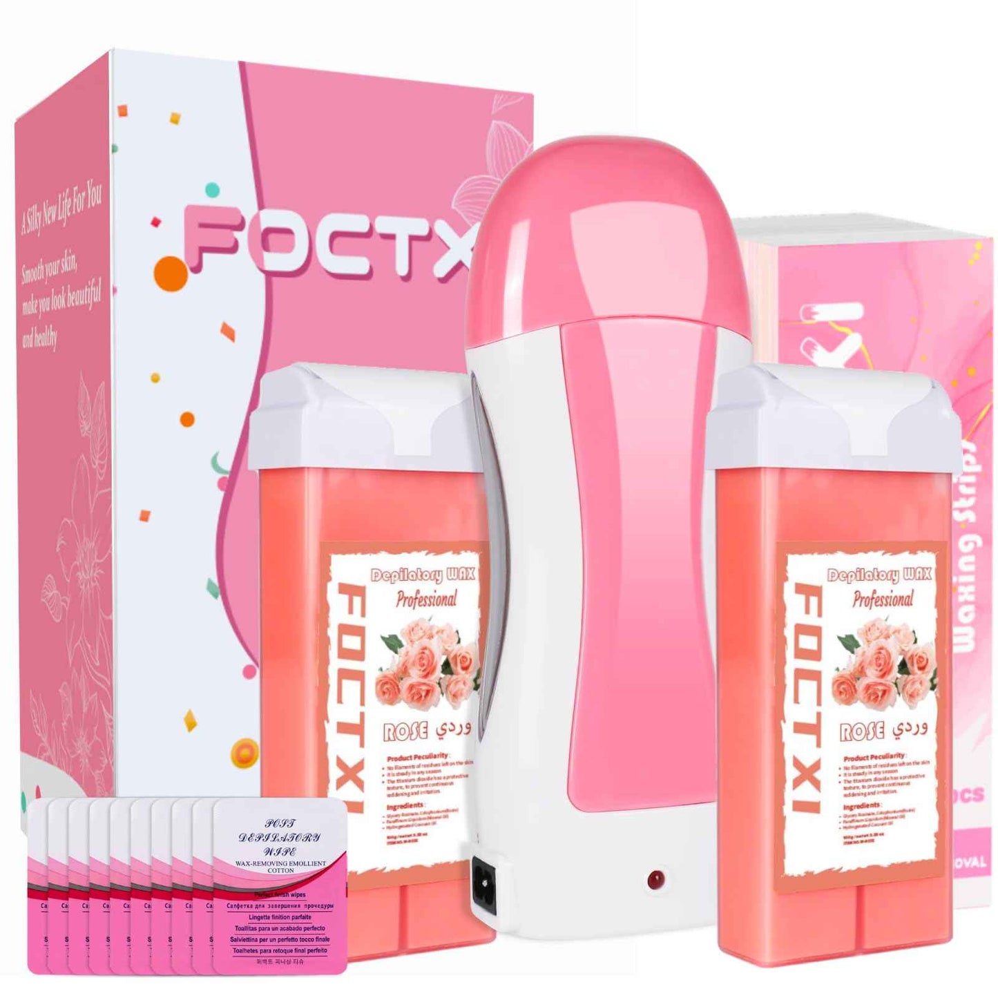 FOCTXI Hair Removal Kit for Hair Removal for Women and Men with Strip, Roll On Wax Kit with 2 Rose Soft Wax Cartridge & 100 Non-Woven Wax Strips, at Home Waxing Kit for Women, Soft, Pink