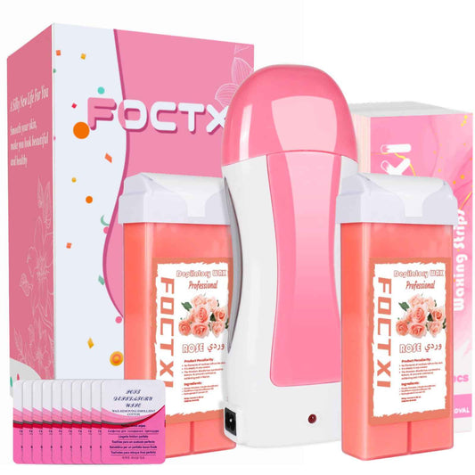 FOCTXI Hair Removal Kit for Hair Removal for Women and Men with Strip, Roll On Wax Kit with 2 Rose Soft Wax Cartridge & 100 Non-Woven Wax Strips, at Home Waxing Kit for Women, Soft, Pink