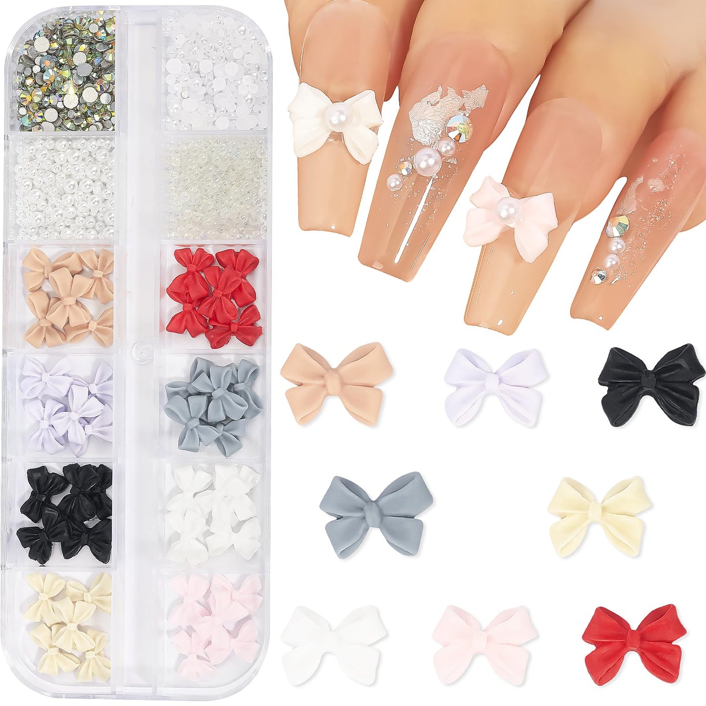 Colorful Bow-Knot Nail Stud Rhinestones Crystal 3D Bow-Knot Nail Charms Set for Acrylic Nails Mixed White Flatback Nails Jewelry Gem Stones Nail Beads Nail Art Rhinestones for Nail Design DIY 3#