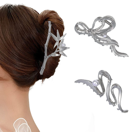 Yonchic 3-Piece Multiple Shapes Metal Hair Accessories: Silvery Bamboo Claw, Elegant Bowknot Barrettes, Strong Hold Clamps with Pearl Catch Clip