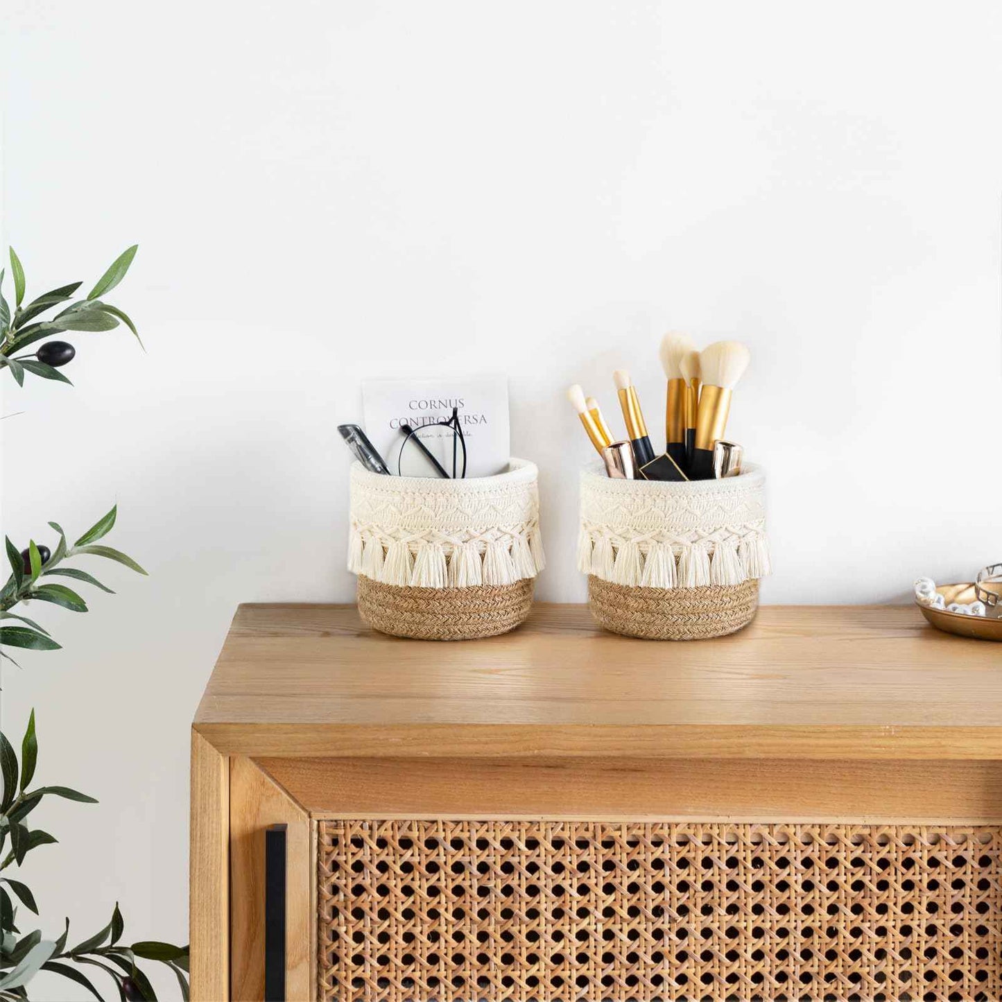 Mkono Macrame Makeup Brush Holder Organizer Comb Brushes Mini Storage Basket Set of 2 Boho Decor Baskets for Pen Pencil Box Container,Yellow and White