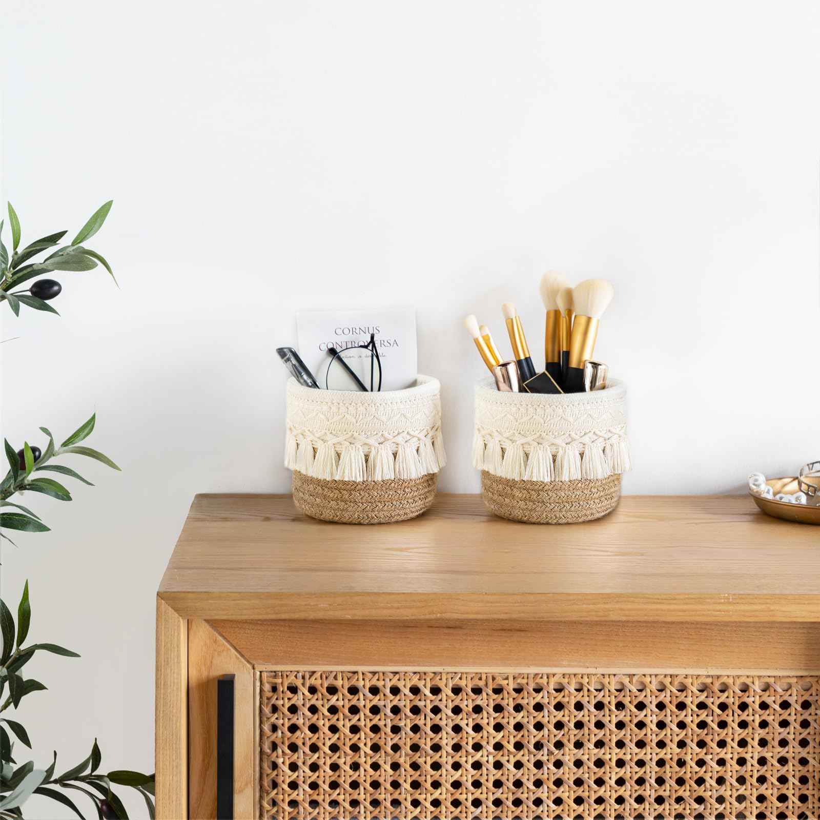 Mkono Macrame Makeup Brush Holder Organizer Comb Brushes Mini Storage Basket Set of 2 Boho Decor Baskets for Pen Pencil Box Container,Yellow and White