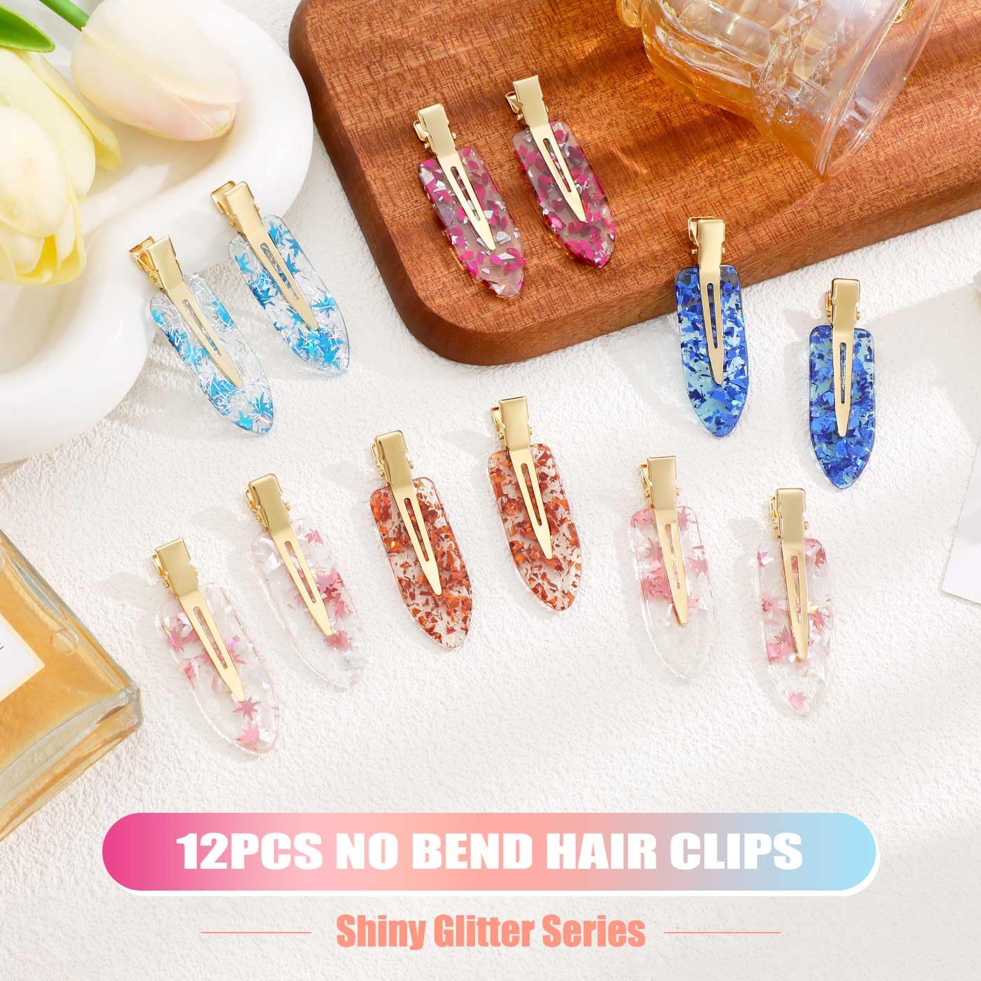 KesaPlan 12PCS No Bend Hair Clips, Sequins No Crease Hair Clips for Styling, Acrylic Resin Creaseless Flat Duckbill Clip, Shiny Bang Seamless Hair Barrette for Women Girls Makeup Hairstyle