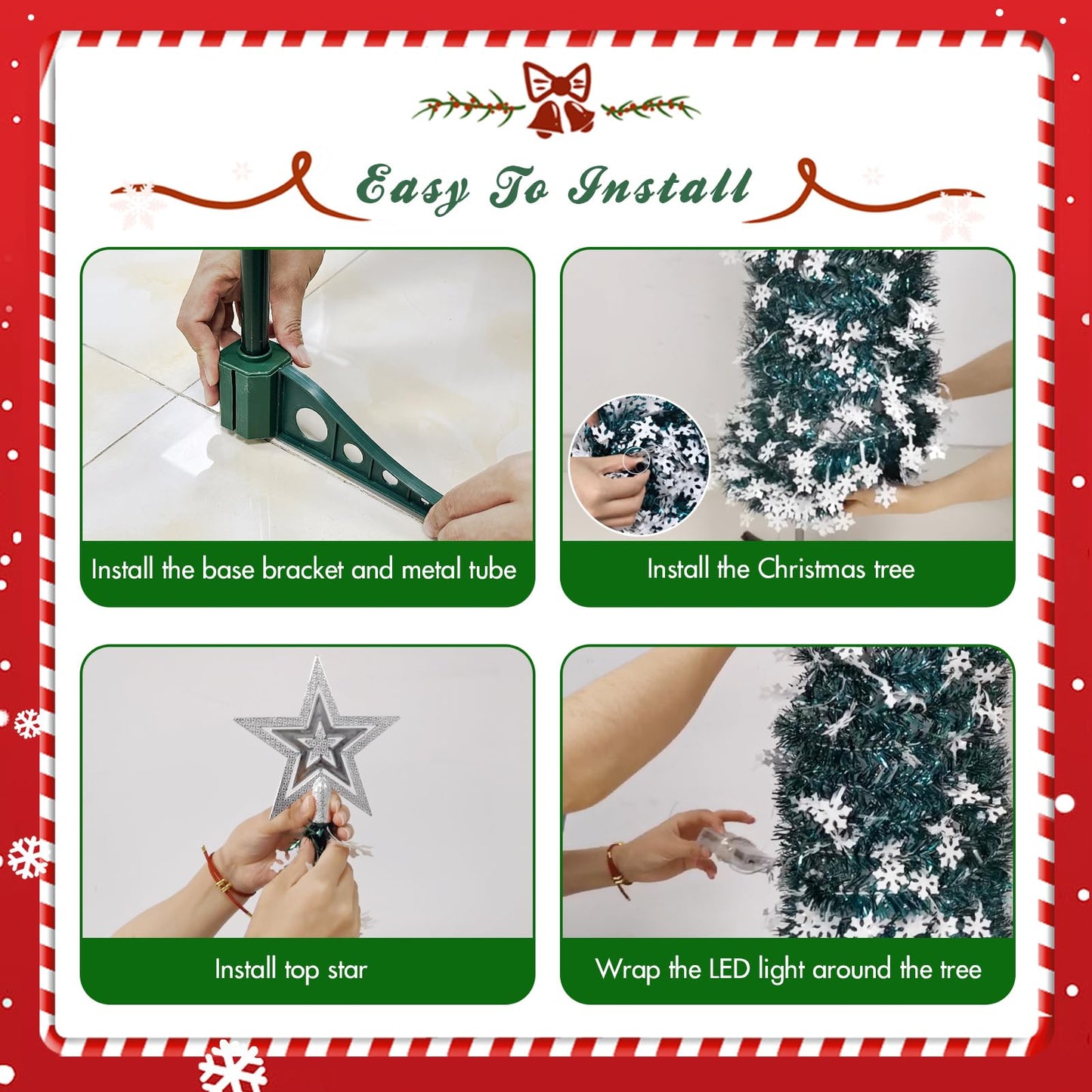 6FT Pop-up Christmas Tree with Timer DIY 100 LED String Lights-Collapsible Prelit Christmas Artifitial Green Snowflake Tree with 3D Star for Xmas Decor Holiday Party Decorations (Peacock Green&White)