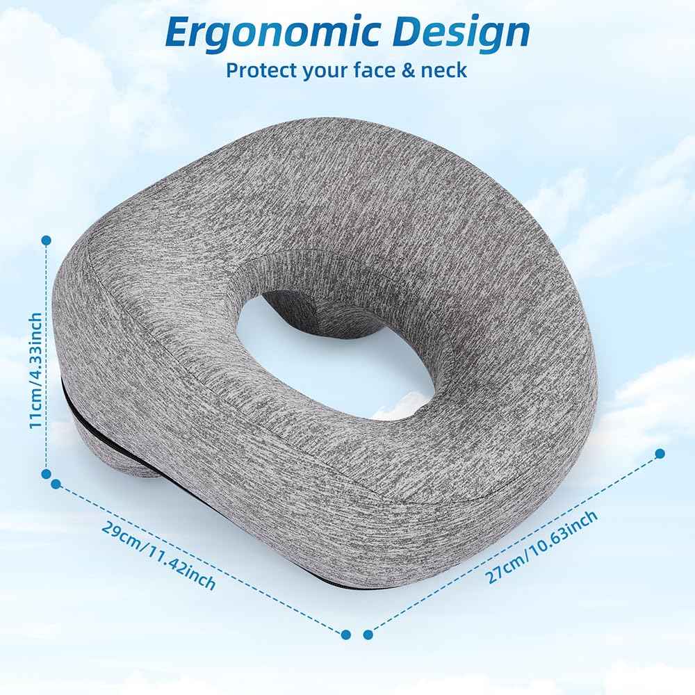 YOSHIKO Massage Table Face Pillow Face Down Pillows for Bed, Massage Headrest for Face Down Sleepers, Eye Surgery Recovery, Spa Pillow for Massage Table with Breathable Design, Removable Cover Grey