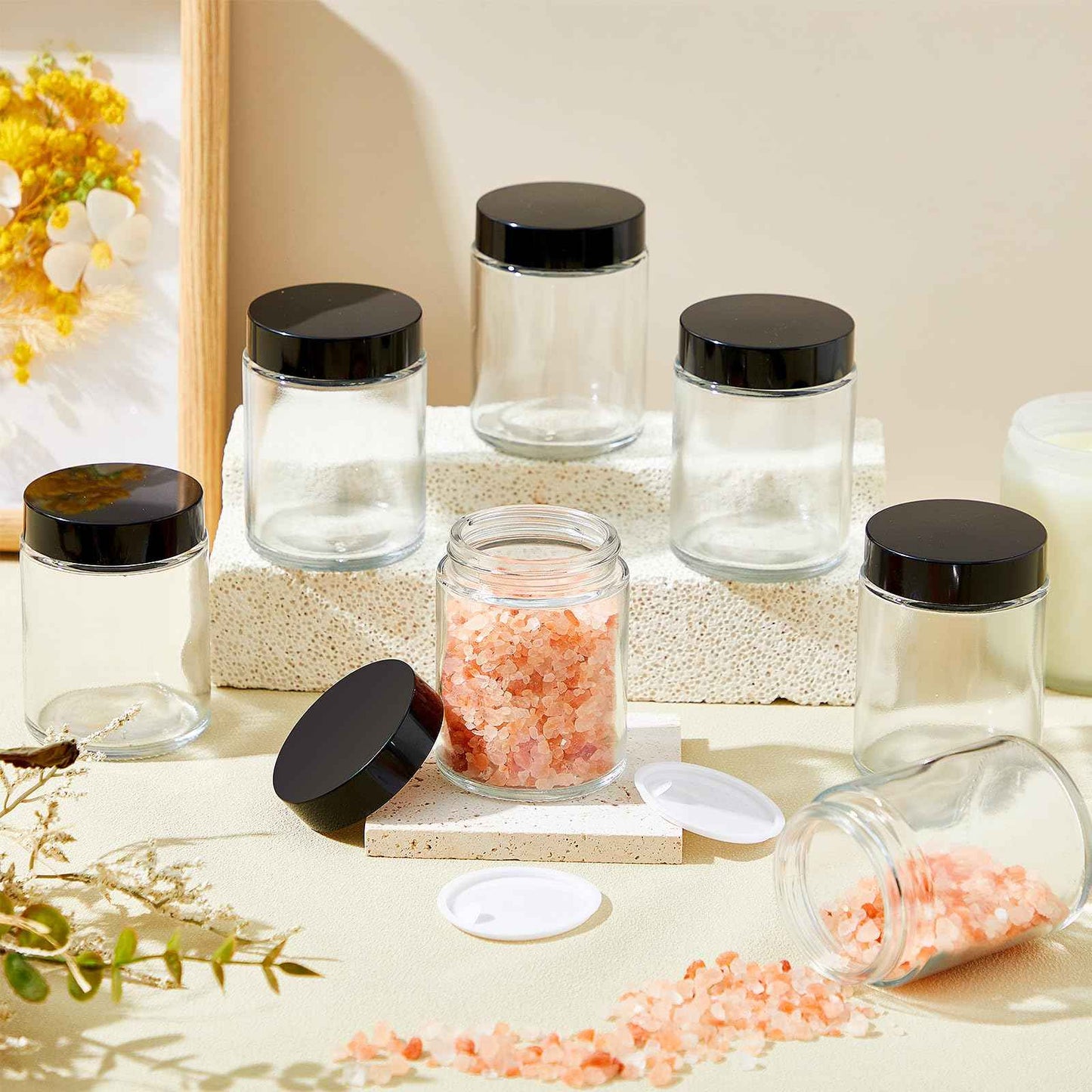 Domensi 24 Pcs 6oz Glass Jars with Lids Leakproof Round Airtight Empty Cosmetic Jars with Inner Liners Lid for Storing Lotions Spices Ointments Candle Making Food Storage (White Black)