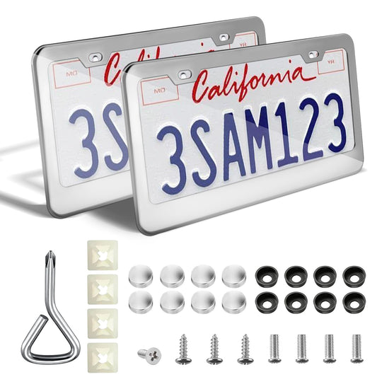 License Plate Frames, 2 Pcs 4 Holes Slim Stainless Steel Polish Mirror License Plate Frame + Chrome Screw Caps (Silver)