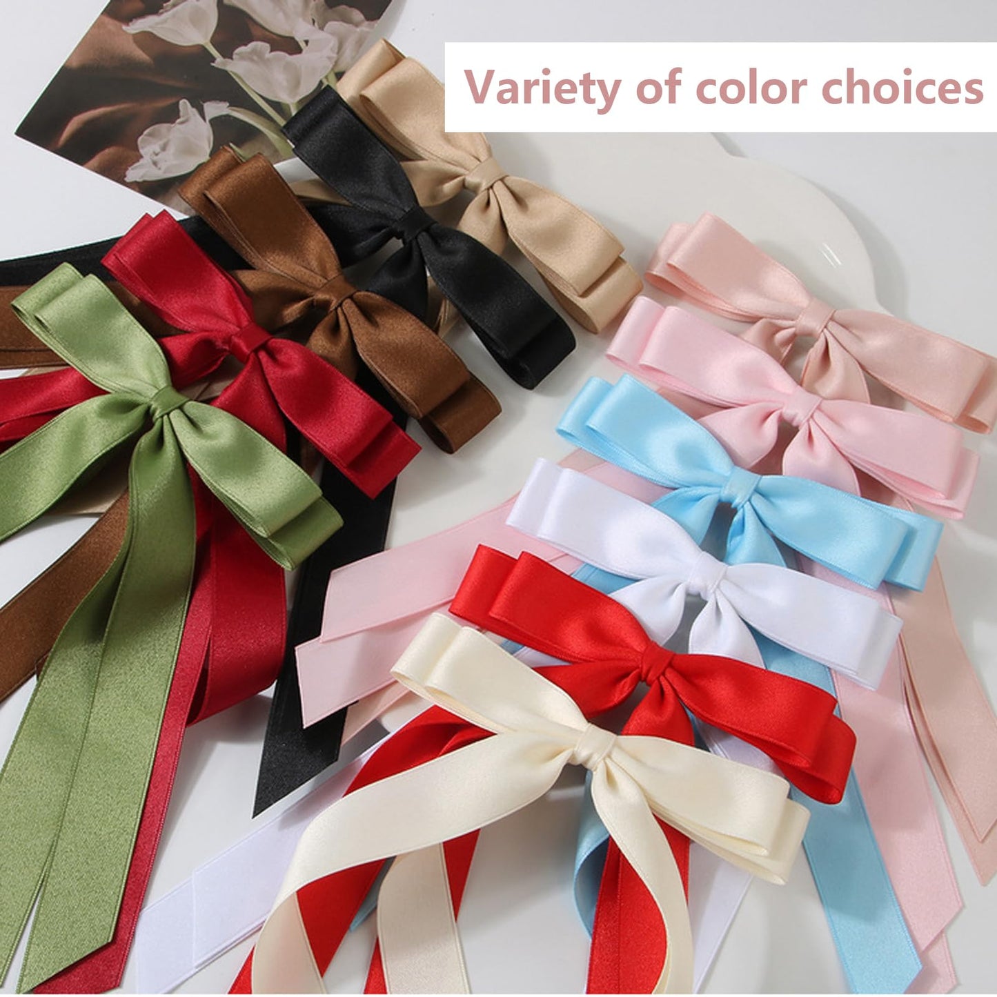 Women Hair Bow Clips 2 Pcs, Cute Silky Satin Hair Bowknot Clips Hairclips Double Ribbon Tassel Ponytail Holder Accessories, Hair Bow Barrettes Clips for Girls Toddlers Teens Kids Gifts, Black+Pink