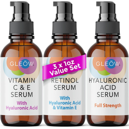 GLEOW Retinol Serum for Face - Vitamin C Face Serum with Hyaluronic Acid Serum for Face, Vitamin C Serum for Face, Retinol for Face, Glow Face Serum for Women and Men 3x1oz