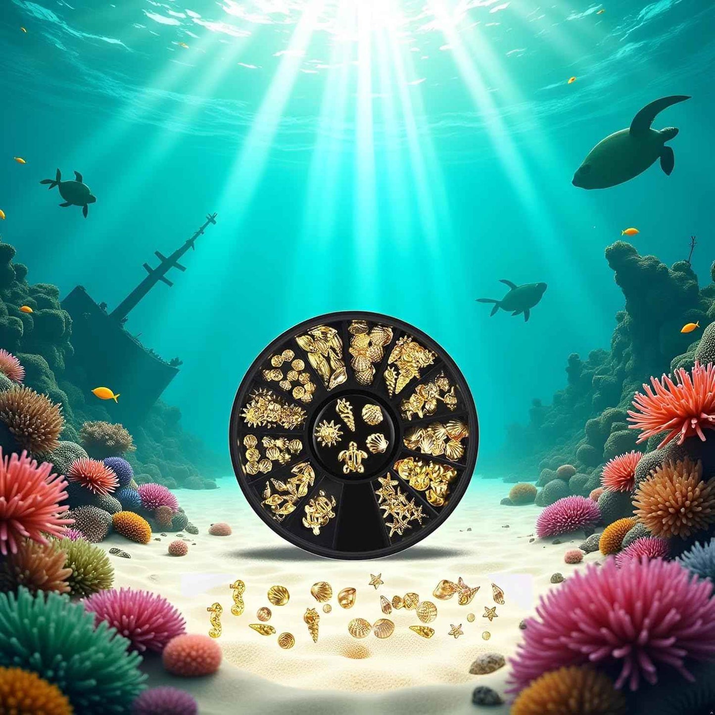 12 Styles Golds Nail Art Metal Studs Metallic 3D Pieces Rivet Palm Tree Turtles Marine Life Charms for Summer Beach Manicure DIY Acrylic Nails Design Supply Nail Art and Polish (Gold Ocean Studs)