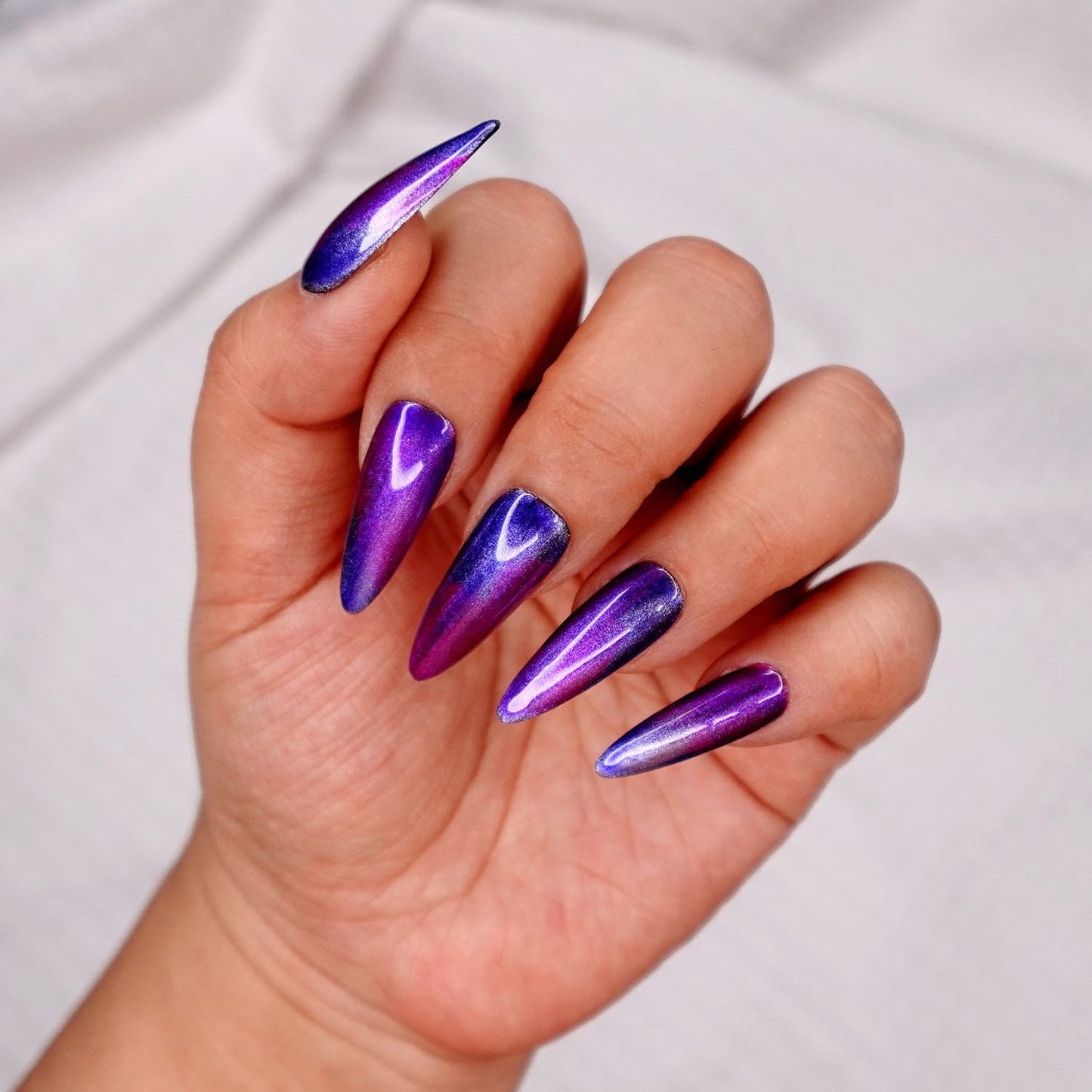 10 Pcs Handmade Press on Nails (Small, Dragon Heart - Blue and Purple Aesthetic Chrome/Stiletto) A125S