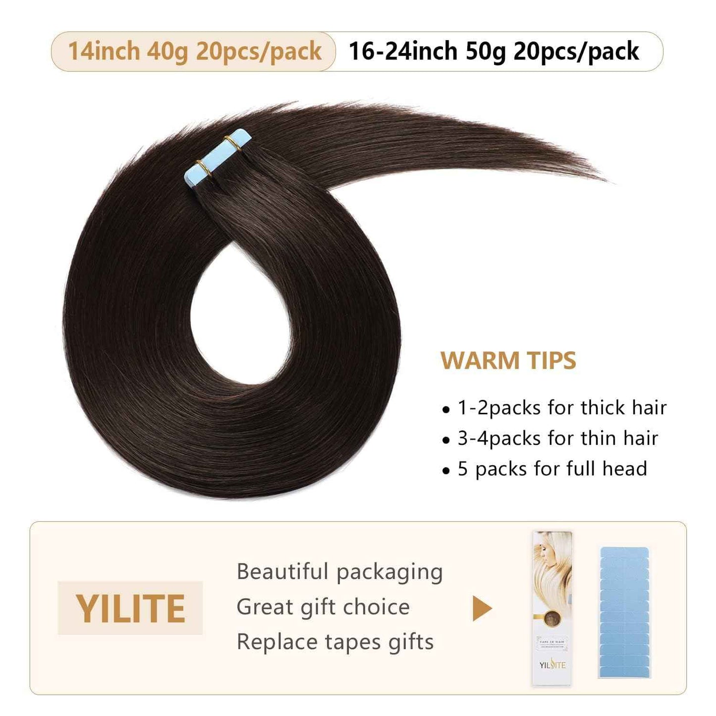 YILITE Tape in Hair Extensions Human Hair 16 inch 20pcs Off Black color 40g Silky Straight Premium Human Hai,Seamless Skin Weft Remy Hair 1b Tape ins(16 inch #1B)