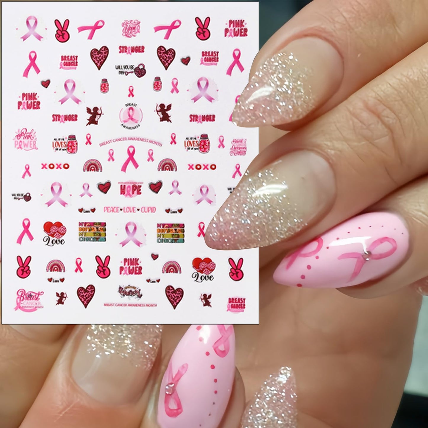 Breast Cancer Nail Art Stickers 3D Self-Adhesive Nail Decals Pink Ribbon Nail Stickers Heart Breast Cancer Awareness Nail Design Stickers Nail Supplies for Women Girls DIY Manicure Decoration 6Sheets