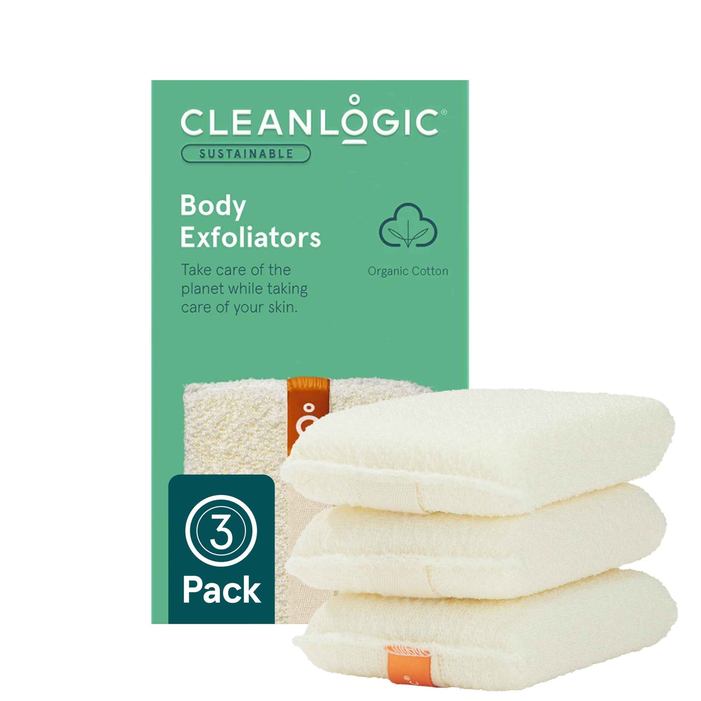 Cleanlogic Organic Cotton Exfoliating Body Scrubber, Reusable Exfoliator Tool for Smooth and Softer Skin, Daily Skincare Routine, Natural, 3 Count Value Pack