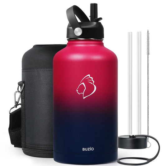 BUZIO 64oz Insulated Water Bottle Stainless Steel Double Wall Leak Proof Half Gallon with Straw Lid and Flex Cap (Cold for 48 Hrs) Sports Flask Metal Travel Mug for Hiking Cycling, Ruby Red Navy